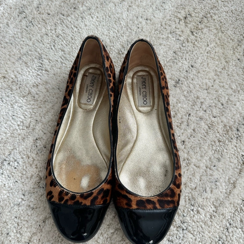 Jimmy Choo Black and Brown Leopard Flats